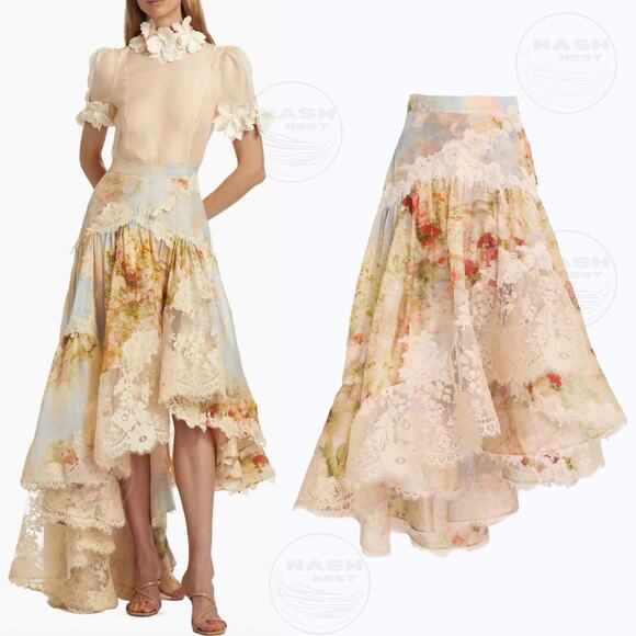 Rare Zimmermann Luminosity Lace Splice Skirt 1 US 2/4/6 | Silk Linen Floral Midi - Picture 1 of 10